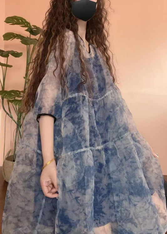 Patchwork Set Tulle Half Print Sleeve Pieces Blue Chic Two