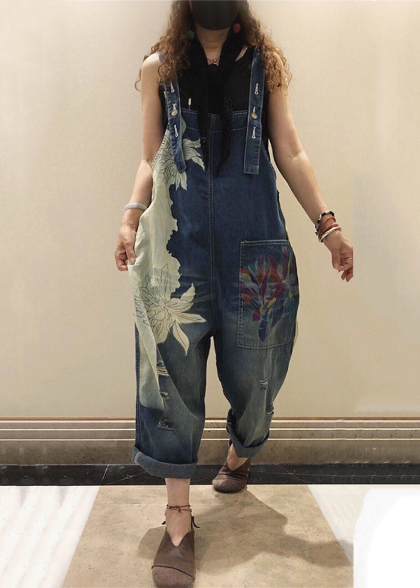 Chic Blue Print Pockets High Waist Denim Jumpsuit Sleeveless MN076