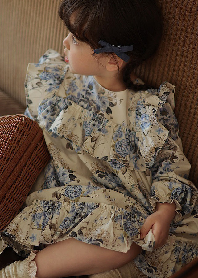 Robe longue de vacances chic à volants bleus pour enfants en patchwork automne SS1045