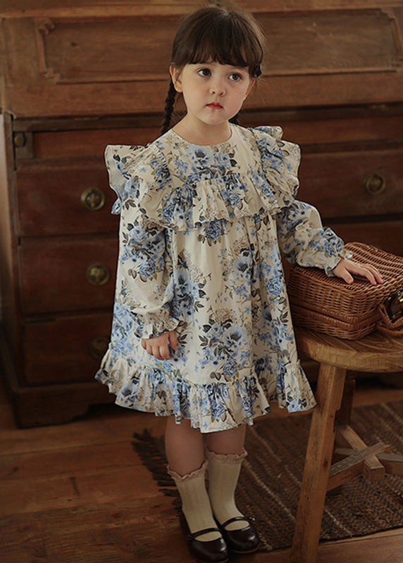 Robe longue de vacances chic à volants bleus pour enfants en patchwork automne SS1045