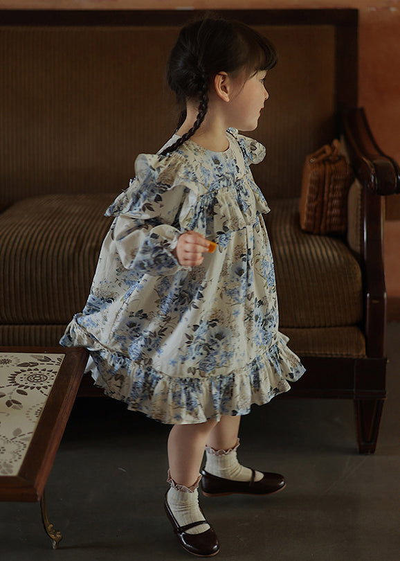 Robe longue de vacances chic à volants bleus pour enfants en patchwork automne SS1045