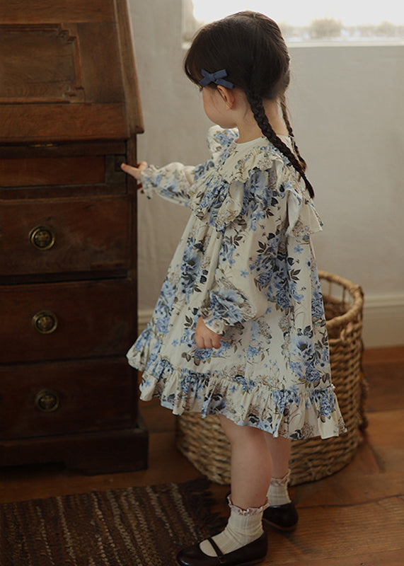 Robe longue de vacances chic à volants bleus pour enfants en patchwork automne SS1045