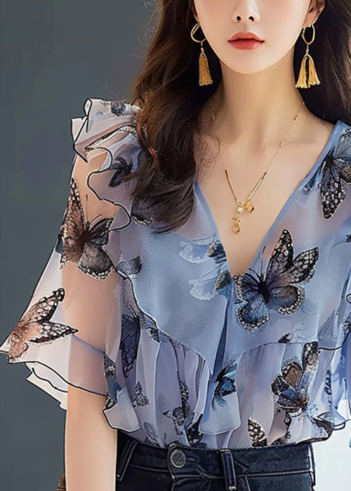 Chic Blue Ruffled Print Chiffon Shirts Half Sleeve KJ002