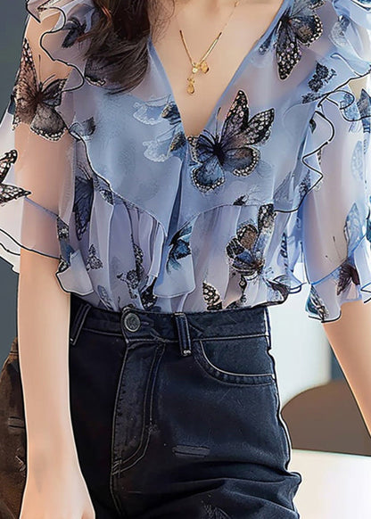 Chic Blue Ruffled Print Chiffon Shirts Half Sleeve KJ002