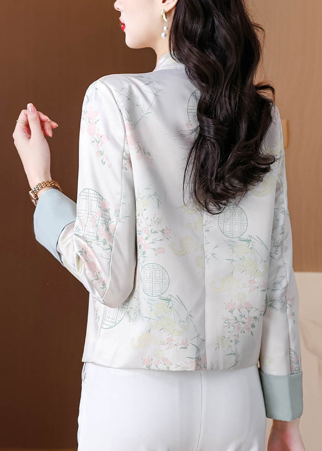 Chic Blue Stand Collar Print Button Silk Coats Fall QO003