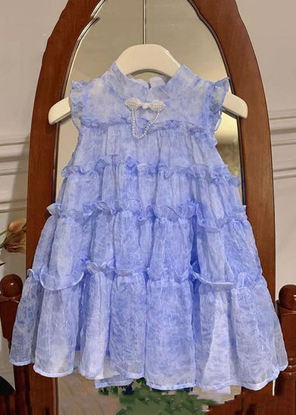 Chic Blue Stand Collar Ruffled Lace Up Chiffon Girls Dresses Sleeveless EW056