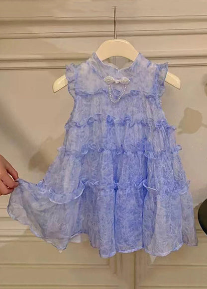 Chic Blue Stand Collar Ruffled Lace Up Chiffon Girls Dresses Sleeveless EW056