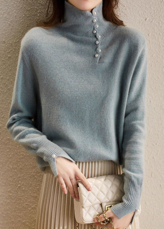 Chic Blue Turtleneck Pearl Patchwork Cozy Cotton Knit Sweater Spring TO033