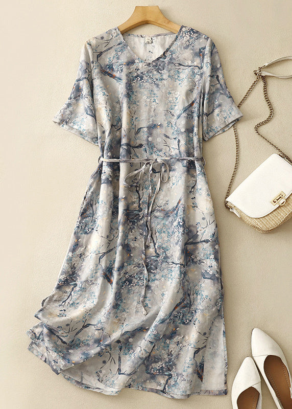 Robe d'été en coton bleu chic à col en V et taille nouée GG002