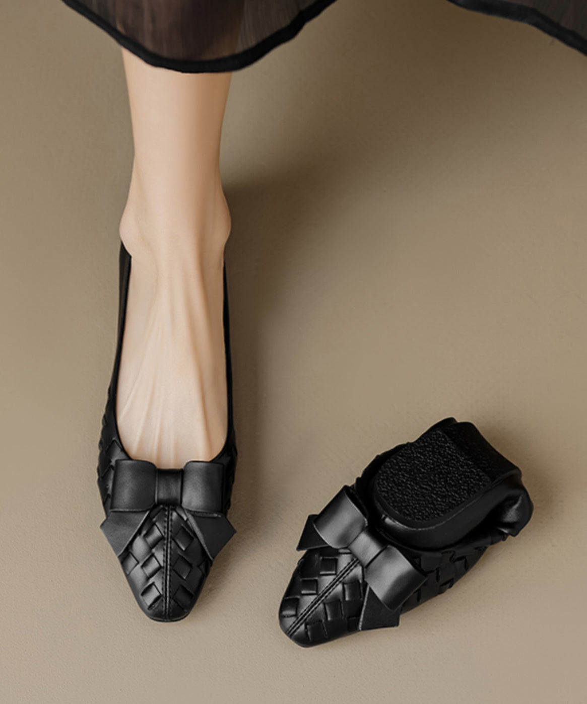 Soft Bow Sheepskin Splicing Chic Flats Black Comfy