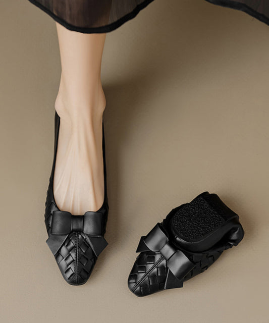 Soft Bow Sheepskin Splicing Chic Flats Black Comfy