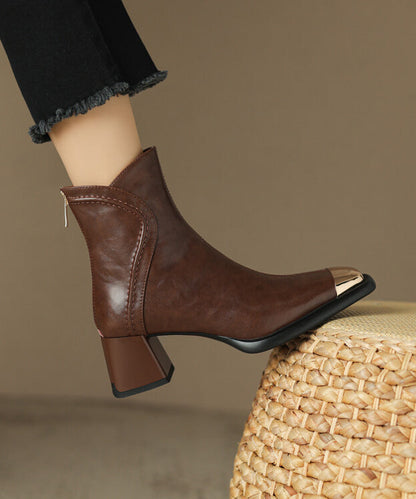 Chic Brown Cowhide Leather Zippered Splicing Chunky Heel Boots WT013