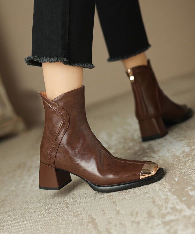 Chic Brown Cowhide Leather Zippered Splicing Chunky Heel Boots WT013