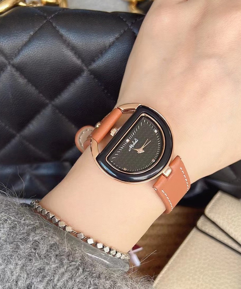 Leather Brown Alloy Chic Crystal Semicircle Watches Hardlex