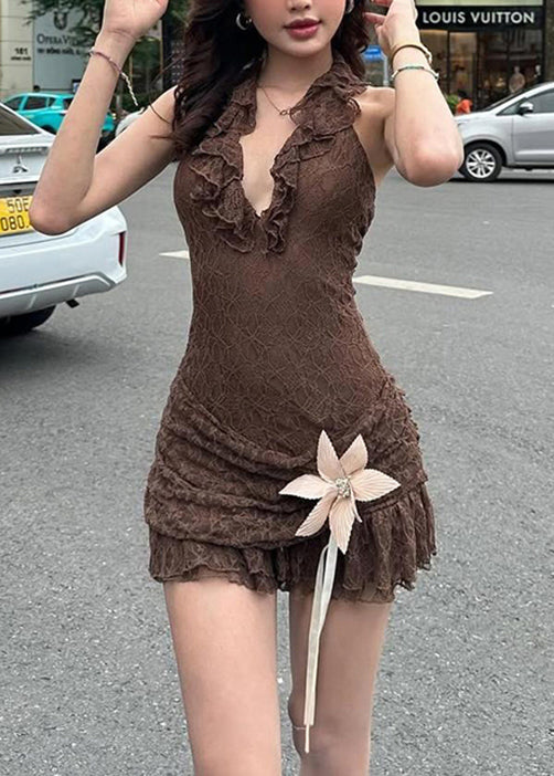 Patchwork Chic Dress Halter Lace Ruffled Sleeveless Brown