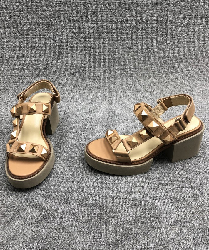 Chic Camel Rivet Chunky Cowhide Leather Sandals RT1029