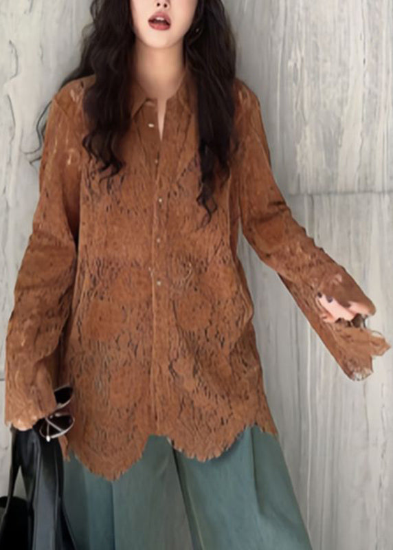 Chic Coffee Peter Pan Collar Button Lace Shirt Flare Sleeve TR019