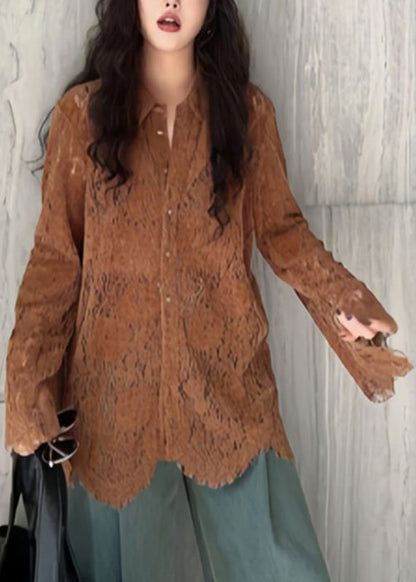 Chic Coffee Peter Pan Collar Button Lace Shirt Flare Sleeve TR019