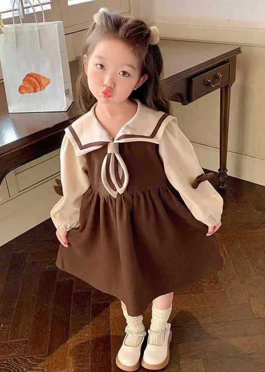 Chic Coffee Sailor Collar Patchwork Cotton Girls Dresses Long Sleeve XZ022