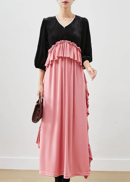 Chic Colorblock Ruffled Patchwork Silk Velour Long Dress Fall Ada Fashion