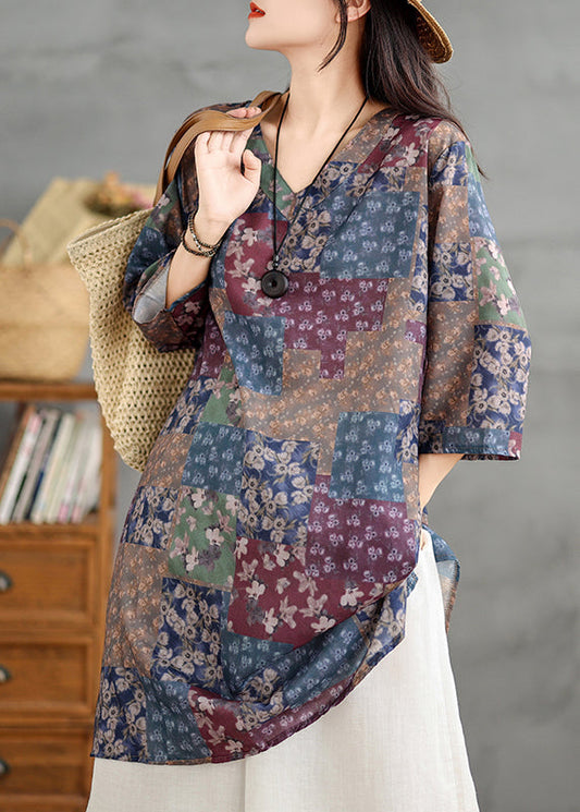 Robe courte en lin imprimé colorblock chic à col en V, été TM022