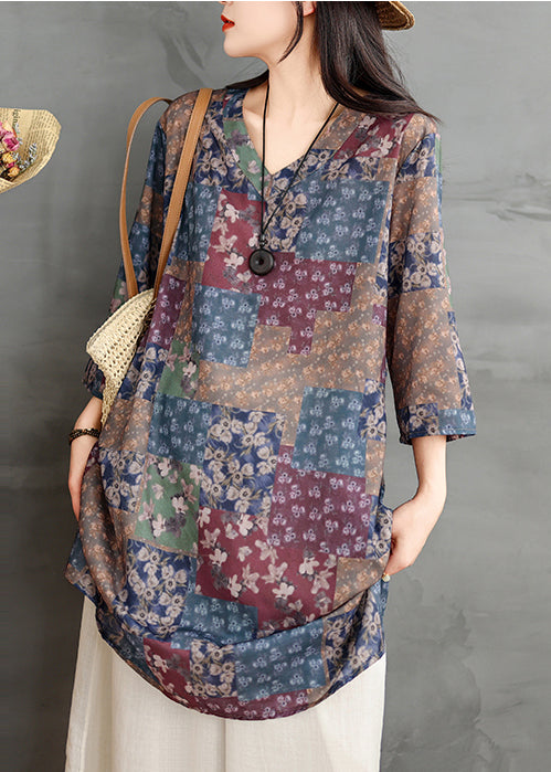 Robe courte en lin imprimé colorblock chic à col en V, été TM022