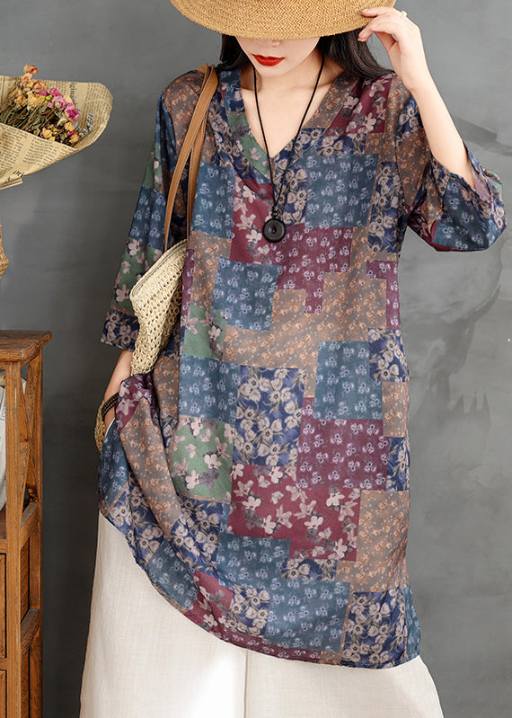 Robe courte en lin imprimé colorblock chic à col en V, été TM022