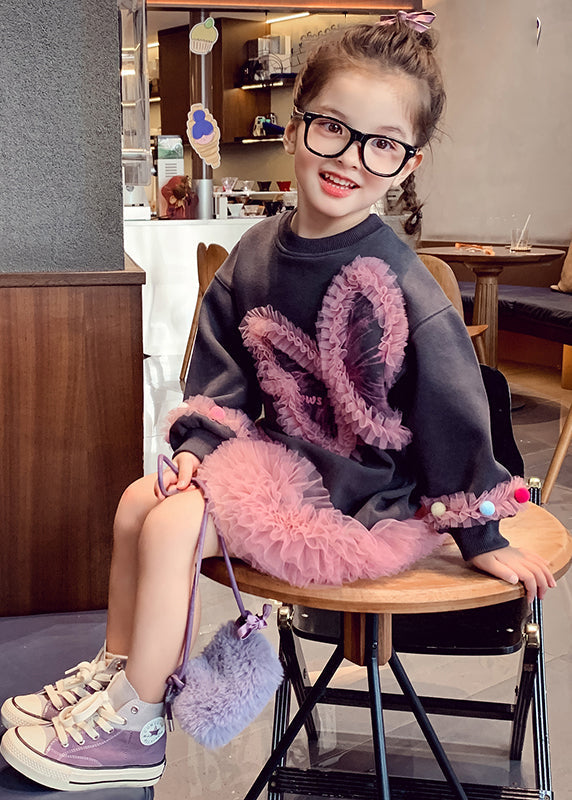 Robe longue chic en tulle gris foncé à col rond et manches lanternes pour enfant TG010