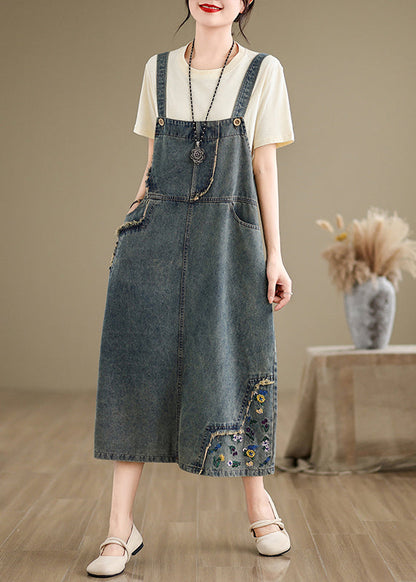 Chic Denim Grey Embroidered Patchwork Spaghetti Strap Dress Sleeveless AP064