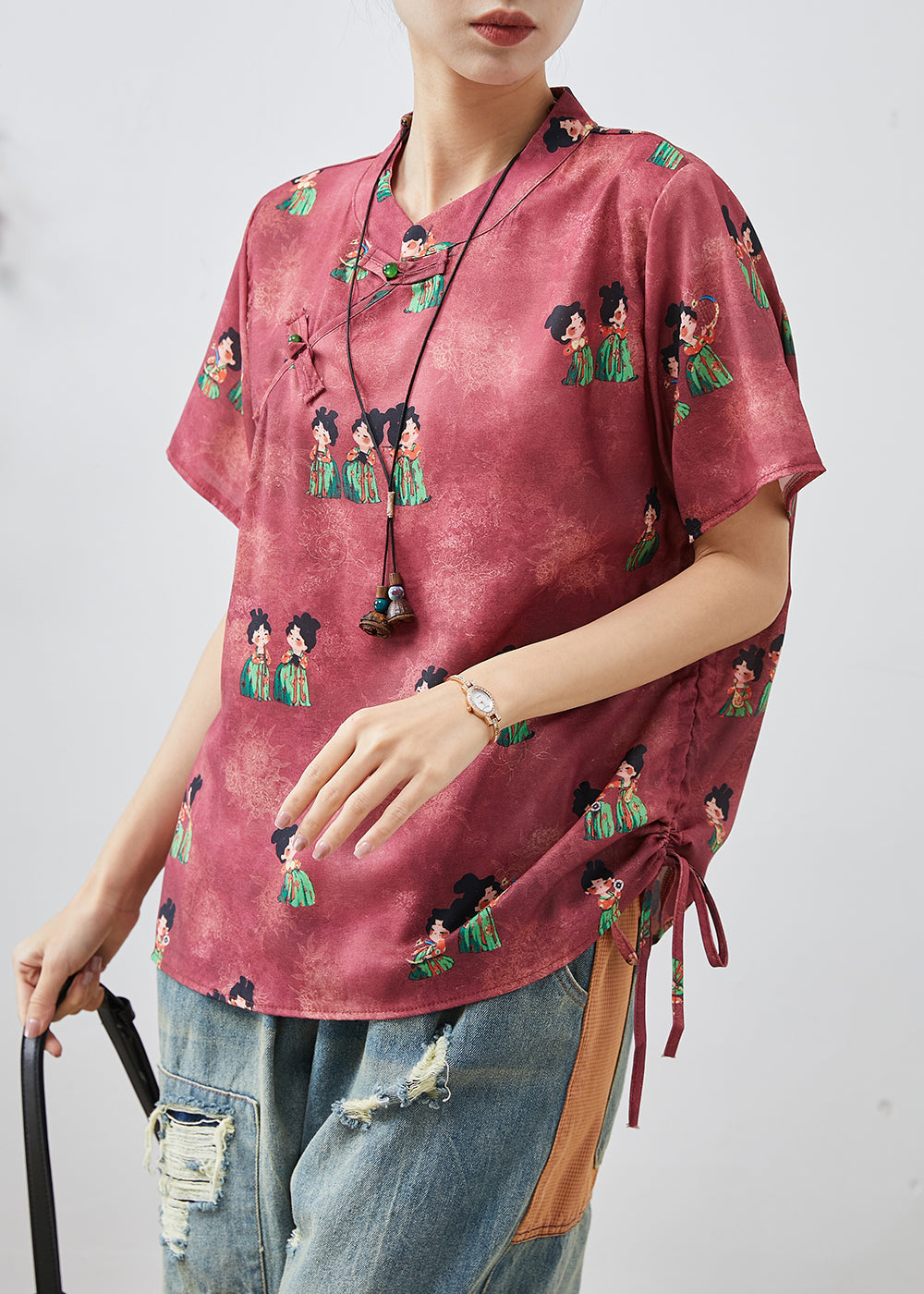 Chic Dull Red Print Chinese Button Silk Shirt Summer AP1065