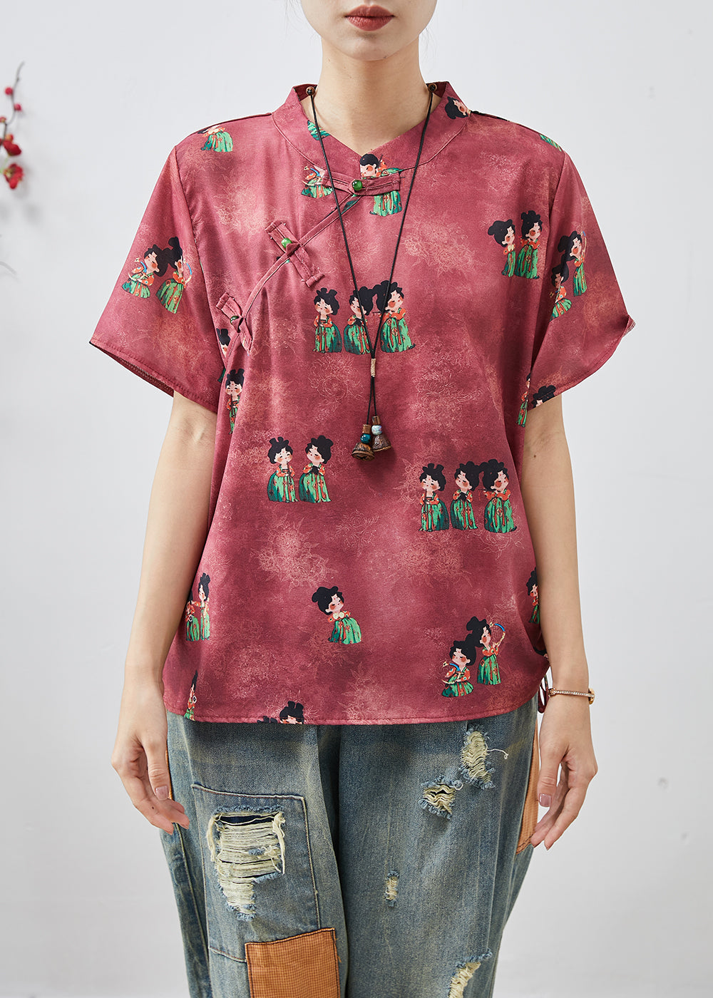 Chic Dull Red Print Chinese Button Silk Shirt Summer AP1065