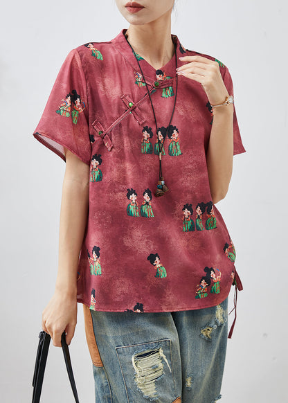 Chic Dull Red Print Chinese Button Silk Shirt Summer AP1065