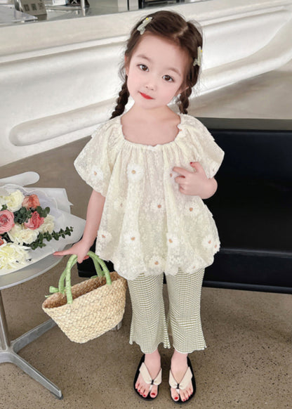 Chic Embroideried Floral Kids Shirt And Flared Trousers Two Piece Set Short Sleeve SS1024