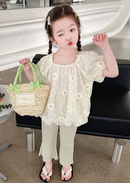 Chic Embroideried Floral Kids Shirt And Flared Trousers Two Piece Set Short Sleeve SS1024