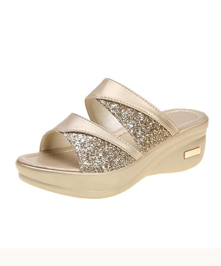 Chic Gold Sequins Wedge Heels Slide Sandals Peep Toe UU012