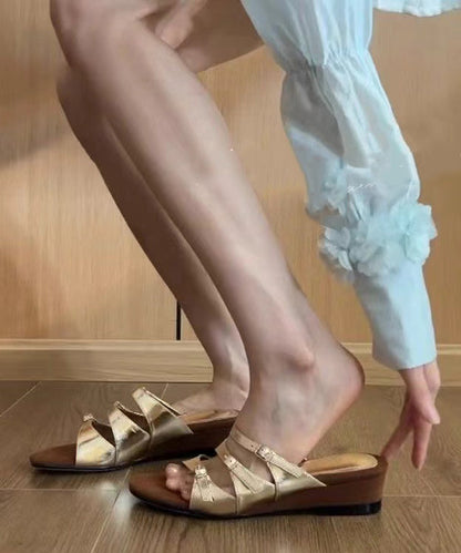 Chic Gold Wedge Slide Sandals Hollow Out Peep Toe AP1044