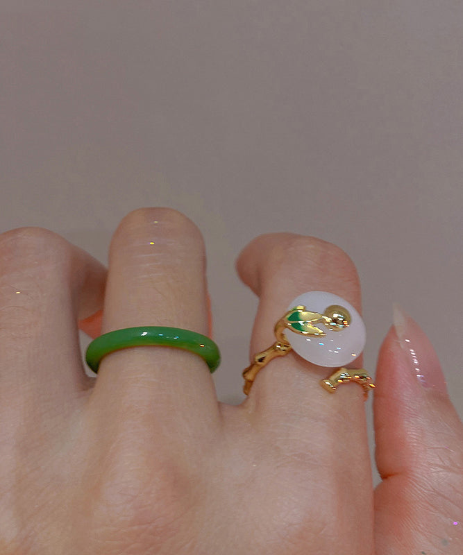 Chic Green And White Jade Bamboo Joint Ping Buckle Rings Two Piece Set GH1031