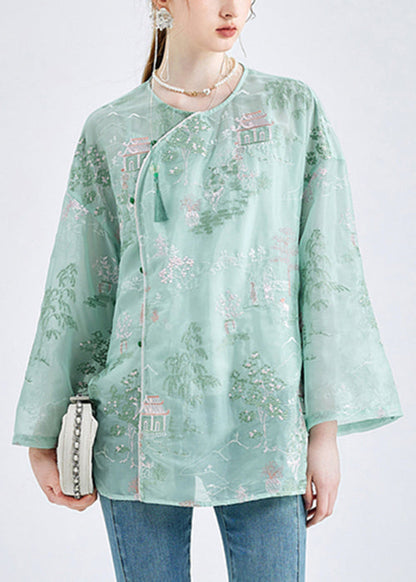 Chic Green Embroidered Button Chiffon 2 Piece Outfit Spring KK050