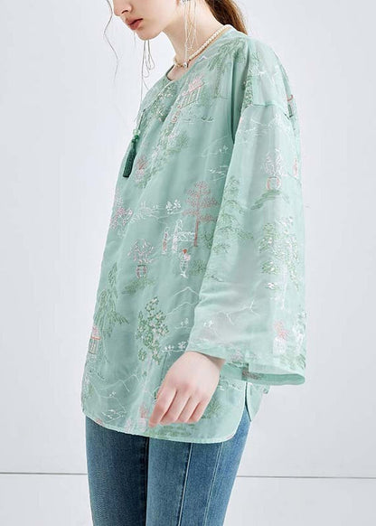 Chic Green Embroidered Button Chiffon 2 Piece Outfit Spring KK050