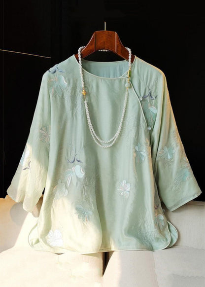 Chic Green Embroidered Side Open Linen Shirt Bracelet Sleeve JH015