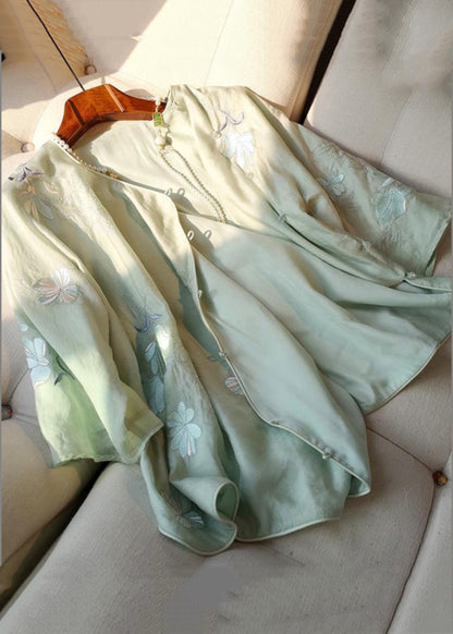 Chic Green Embroidered Side Open Linen Shirt Bracelet Sleeve JH015