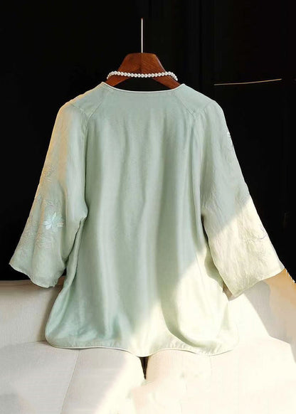 Chic Green Embroidered Side Open Linen Shirt Bracelet Sleeve JH015