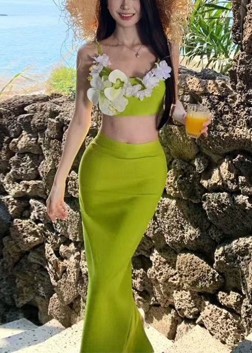 Grün Chic Und Baumwolle Tank Röcke Öffnen Zwei-Stück Set Floral Seite