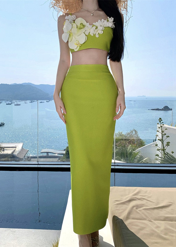 Grün Chic Und Baumwolle Tank Röcke Öffnen Zwei-Stück Set Floral Seite