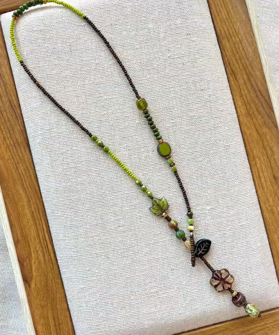 Chic Green Hand Woven Beading Lariat Necklace QU023