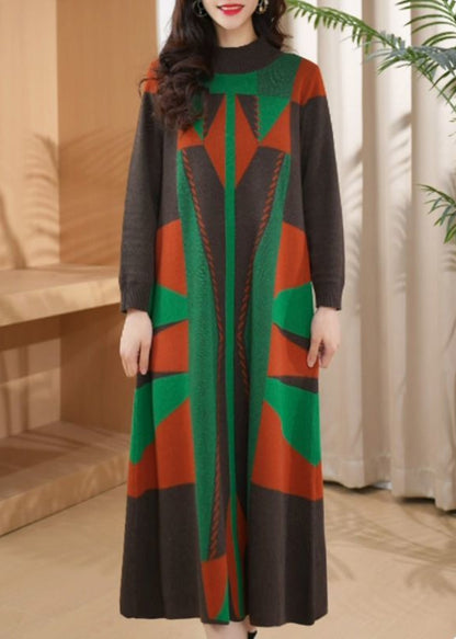 Chic Green O Neck Geometric Woolen Long Knit Dress Winter RF012