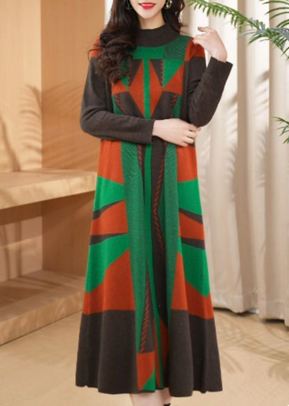 Chic Green O Neck Geometric Woolen Long Knit Dress Winter RF012