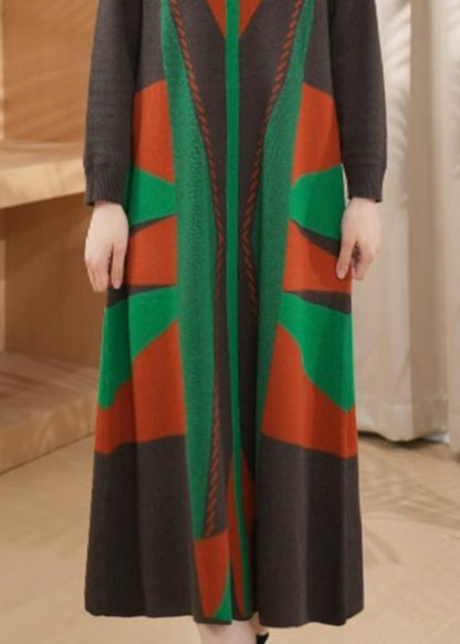 Chic Green O Neck Geometric Woolen Long Knit Dress Winter RF012