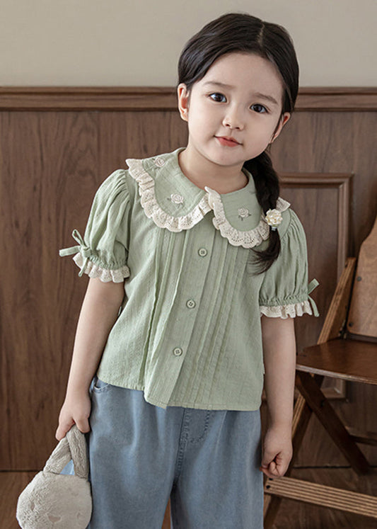 Chic Green Peter Pan Collar Print Button Kids Top Summer SS1027