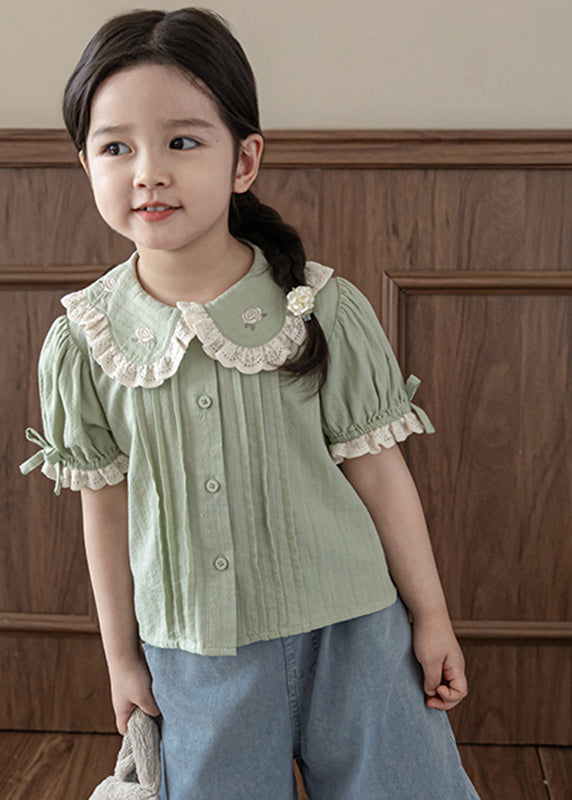 Chic Green Peter Pan Collar Print Button Kids Top Summer SS1027